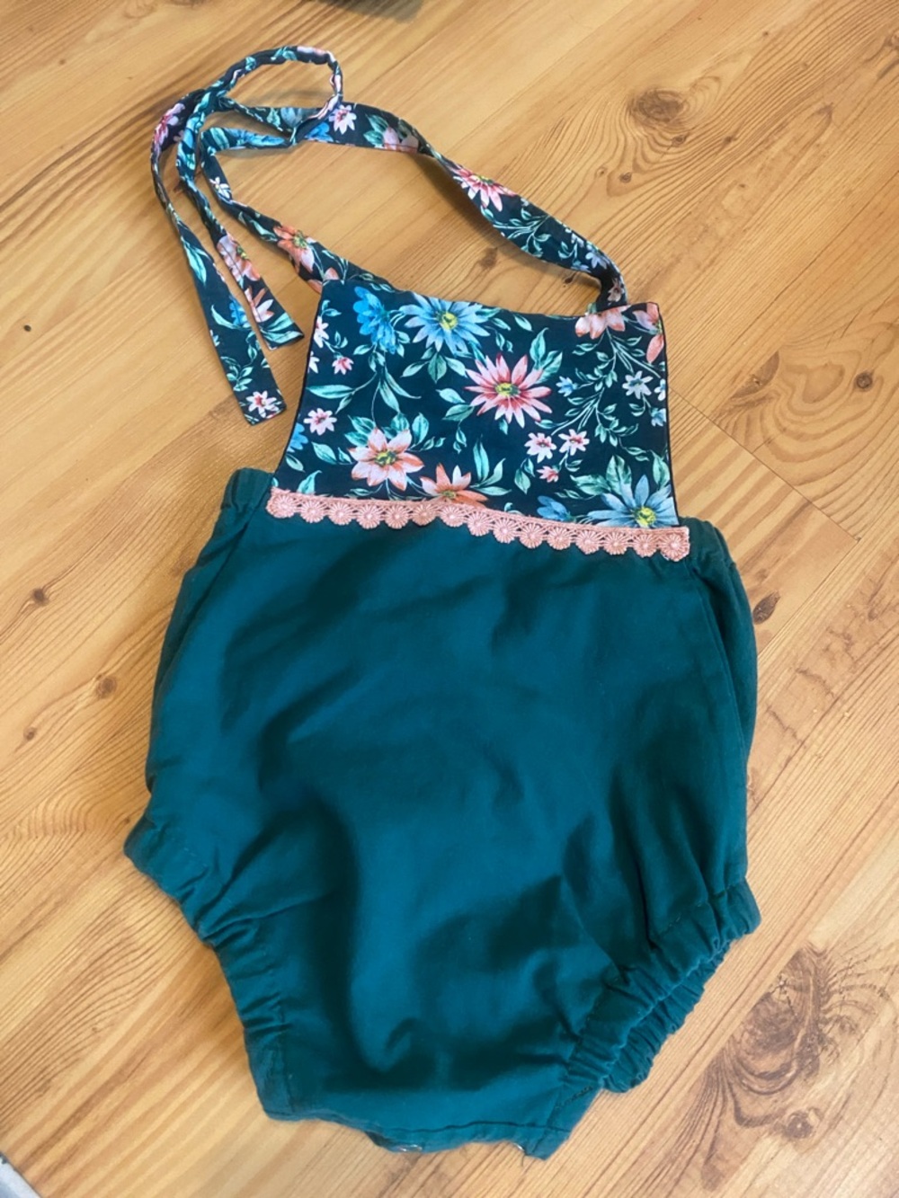 Hunter Green Floral Halter Girls' One-Piece Bodysuit with Pink Trim